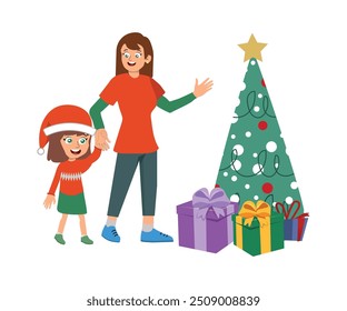 mãe mostrando a sua filha a árvore de Natal com presentes, ilustração vetorial.