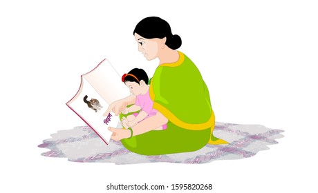 Mother is showing pictures of the book to her child