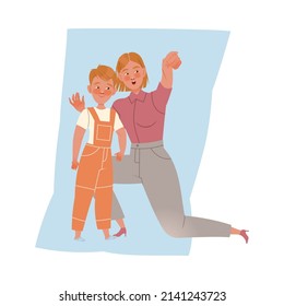 Mother Showing Something Away To Her Curious Son. Family Communication Concept Vector Illustration