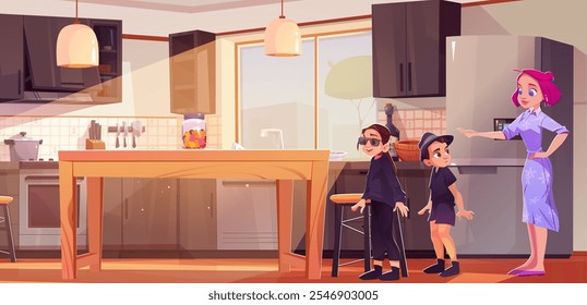 Mother showing sweets to children in kitchen. Vector cartoon illustration of teen girl and boy in black spy suits playing at home, woman smiling at teen siblings, glass jar with gummy sweets on table