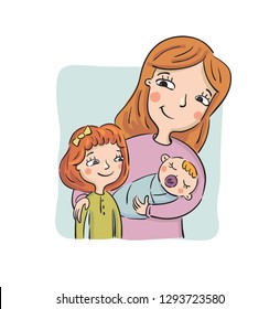 Mother shows to the eldest daughter the newborn child, vector illustration
