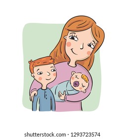La madre muestra al hijo mayor el recién nacido, ilustración vectorial
