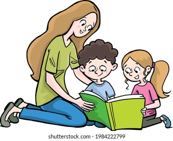 mother shows a picture book to her children