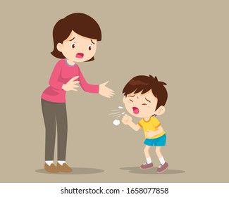 Mother and Sick boy coughing hard,Sick Child blow the nose and coughing show his mom.