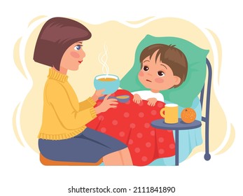 Mother And Sick Child. Worried Mom At Ill Kid Bedside. Parental Care And Love. Woman Feeding Son Hot Broth. Cartoon Character With Fever Lying In Bed. Home Treatment