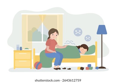 Mother and sick daughter with cold flu, feverish child lying in bed at home bedroom. Mom looking at sleeping daughter suffering flu. Bedroom interior. Medical concept, healthcare. vector illustration