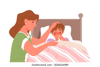 Mother And Sick Son With Cold Flu, Fever Ill Vector Illustration. Cartoon Feverish Child Lying In Bed At Home Bedroom, Mom Character Checking Temperature With Thermometer Isolated On White.