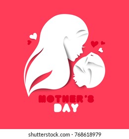 Mother silhouette with baby. Card of Happy Mothers Day. Vector illustration with beautiful woman and child. Paper design