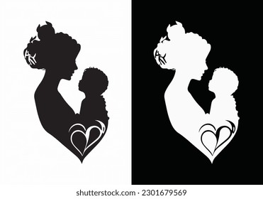 Mother silhouette with baby. kid and mom icon vector. Liner vector logo illustration on Black and White Background.Mother's Day card design element.Fully editable vector file.