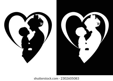 Mutter Silhouette mit Baby. Kind und Mutter sind Ikone. Liner Vektorlogo-Illustration auf schwarz-weißem Hintergrund.Design-Element der Muttertagskarte.Vollständig bearbeitbare Vektordatei.