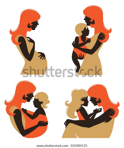 Mother silhouette with baby. Set of silhouette pregnant woman and mother with child at different age