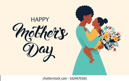 Mother silhouette with her baby. Card of Happy Mothers Day. Vector illustration with beautiful woman and child.