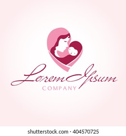 Mother silhouette with her baby. Card of Happy Mothers Day. Vector illustration with beautiful woman and child. Logotype or mascot emblem symbol. It can be used for wallpaper,fabric, paper,postcards.