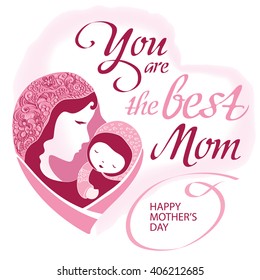 Mother silhouette with her baby. Card of Happy Mothers Day. Vector illustration with beautiful woman and child. Logotype or mascot emblem symbol.