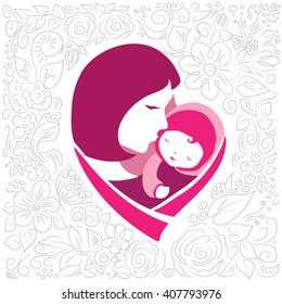 Mother silhouette with her baby. Card of Happy Mothers Day. Vector illustration with beautiful woman and child. Logotype or mascot emblem symbol. It can be used for wallpaper,fabric, paper, postcards.
