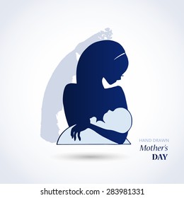 Mother silhouette with her baby, drawing hands, Card of Happy Mothers Day. vector illustration.