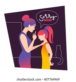 Mother Silhouette With Her Daughter Child. Vector Illustration With Beautiful Woman And Girl. Angry Parent Scolding Teen. Sorry Mom Card