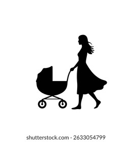 Mother silhouette walking with baby stroller.