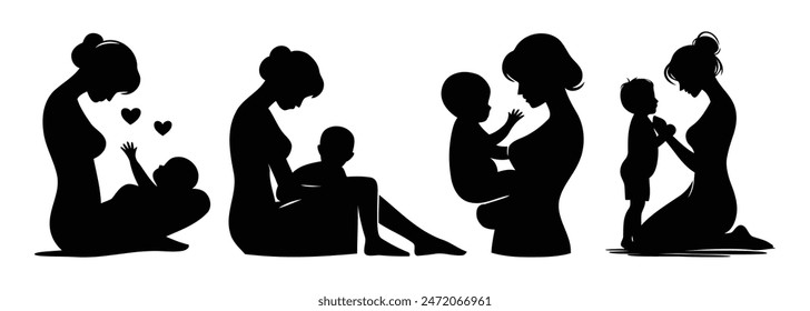 Mother silhouettes with baby vector illustrations on a white background.