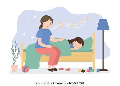 Mamãe canta música de cama sentada na cama de criança preparando criança para dormir. Mamãe canta canção de ninar para uma filha sonolenta. Mamãe cuidadora faz uma criança para dormir. Interior da sala. ilustração de vetor plana