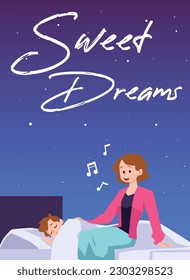 Mother singing lullaby to sleeping child, poster template - flat vector illustration. Sweet dreams inscription. Bedtime concept. Little boy sleeping in bed.