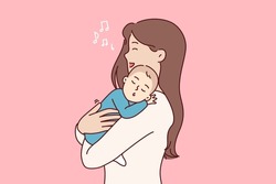 Mother Sings Lullaby To Newborn Son, Holding Sleeping Baby In Arms And Feeling Happiness Of Motherhood. Happy Woman Became Mother Sings Lullaby To Help Little Kid In Need Of Rest Fall Asleep
