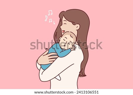 Mother sings lullaby to newborn son, holding sleeping baby in arms and feeling happiness of motherhood. Happy woman became mother sings lullaby to help little kid in need of rest fall asleep