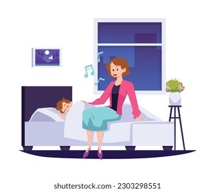 Mother sings lullaby to sleeping child flat style, vector illustration isolated on white background. Bedtime, decorative design element, happy childhood, family