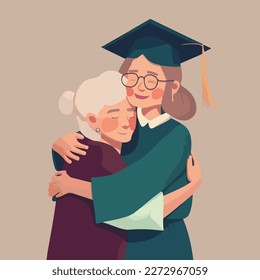 Mother, sister or friend hugging and support graduate with graduate cap on the head. Concept for happy graduation poster or card template design. Flat vector illustration