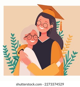 Mother, sister or friend hugging and support graduate with graduate cap on the head. Concept for happy graduation poster or card template design. Flat vector illustration