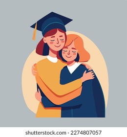 Madre, hermana o amiga abrazando y apoyando a la graduada con gorra en la cabeza. Concepto de diseño de póster de graduación feliz o de plantilla de tarjeta. Ilustración vectorial plana