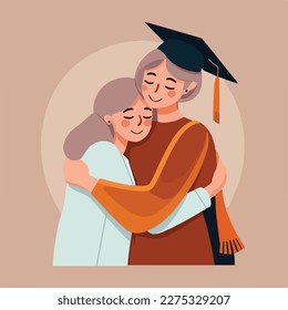 Mother, sister or friend hugging and support graduate with graduate cap on the head. Concept for happy graduation poster or card template design. Flat vector illustration