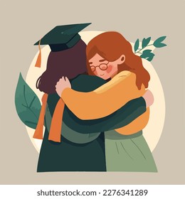 Mother, sister or friend hugging and support graduate with graduate cap on the head. Concept for happy graduation poster or card template design. Flat vector illustration