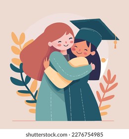 Mother, sister or friend hugging and support graduate with graduate cap on the head. Concept for happy graduation poster or card template design. Flat vector illustration