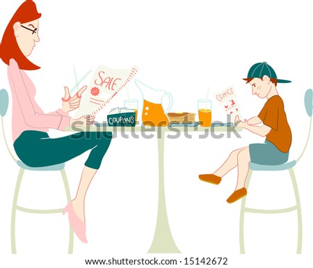 A mother sits at the breakfast table clipping coupons from the paper.