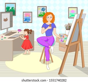 the artist’s mother sits in front of the easel and eats chocolate, while her daughter draws on the cat’s graphic tablet. children's pictures are hanging on the wall