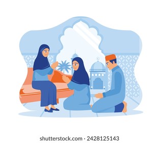 Mother sits on the sofa in the house. The children knelt and apologized. Happy Eid Mubarak concept. flat vector modern illustration 