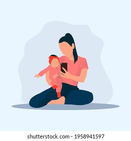 Mother sits selfies with the baby in front of the mirror - Mother sits selfies with the baby Family flat cartoon vector illustration isolated on white background. 