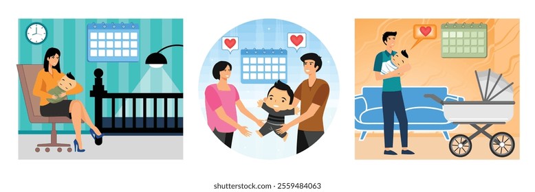 Mother Sitting with Baby in a Children Room Chair. Family maternity paternity leave. Father Holding Newborn Baby. Set flat vector modern illustration 