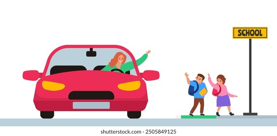 mother sitting in the car and saying goodbye children go to school vector illustration