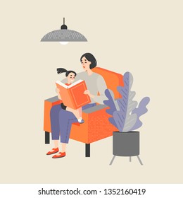 Mother sitting in a chair and reading a book to her little daughter. Illustration in cartoon style