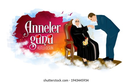 a mother sitting in a chair, stepping on the rug and his son kissing her hand, with a text saying "happy mother's day" with a blue and magenta background with birds. Anneler gunu kutlu olsun