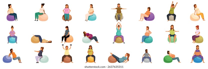 Mother sitting fitness ball icons set. Pregnant women engaging in various exercises using fitness balls, promoting physical activity and well being during pregnancy