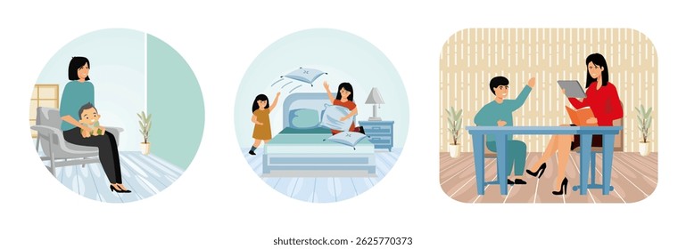 A mother sitting with her child, showcasing a nurturing bond. A mother and her daughter engage in a fun pillow fight in a bright and cozy bedroom setting. A teacher interacting positively .