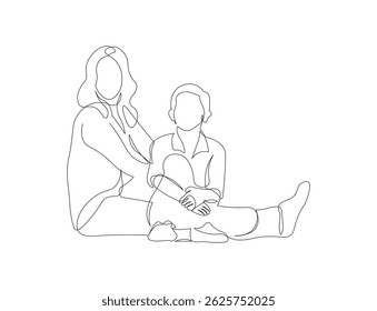 A mother sitting with her son in continuous line drawing style. Sketch of happy family in minimalist black lines isolated on white background. Vector illustration.