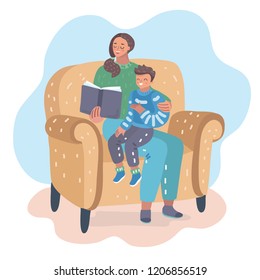 Mother is sitting with her son on the chair and reading a book. Boy is sitting on mom's lap and looking at book as well. Vector cartoon illustration in modern concept