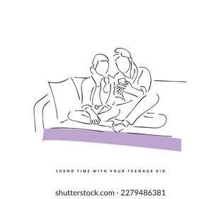 A mother is sitting with her teenage daughter spending some quality time. Teenage mental health and issues with parents. Thoughtful and careful parenting. Line art vector of mother with daughter.