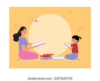 Mother sitting with little daughter teaching at home, stacks of books. Parenting and spending time together children. Character design. Vector flat illustration