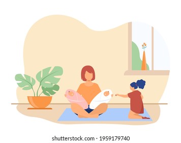 Mother sitting with little girls and two newborns. Room, baby, twin flat vector illustration. Motherhood and childcare concept for banner, website design or landing web page