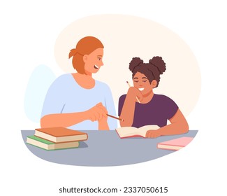 Mother sitting near girl, holding pencil and helping to learn and do homework. Studying in school, learn and develop. Vector flat illustration in cartoon style